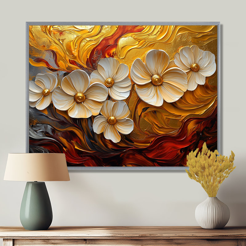 Fleurs rouges et dorées - Fleurs murales sauvages, H 12 po x l 20 po, Cadre flottant, Argent argent