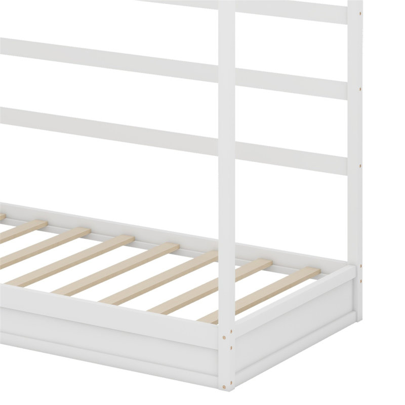 Lit en bois, structure en L à 2 lits avec clôture et structure à lattes, Blanc