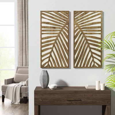 Two-Tone Wall Decor With Leaf For Home Interior Decoration Dark Wood Tone And White Two Design