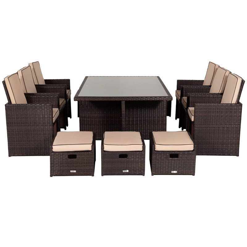 Wren 6 - Person Wicker Patio Dining Set with Square Table , Cushions Included, Chocolate/Cream