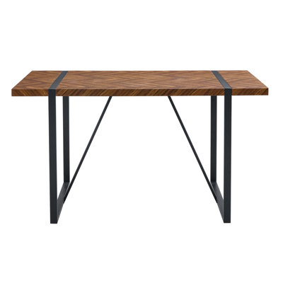 A minimalist retro rectangular dining table with a specially textured top and black metal legs.Contemporary Minimalist MDF Dark Wood Textured Tabletop