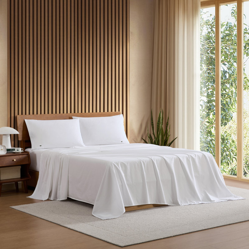 Lacoste Cotton Percale Sheet Set, Crisp Feel & Breathable Bedding, Deep Pocket Fitted Sheet, White, Full, White