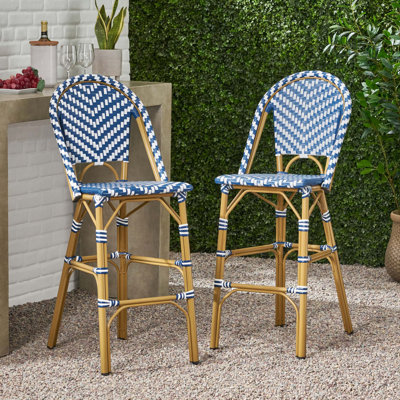 29.5" Outdoor Pe Rattan French Barstool, Aluminum Frame With Bamboo Finish (Set Of 2)