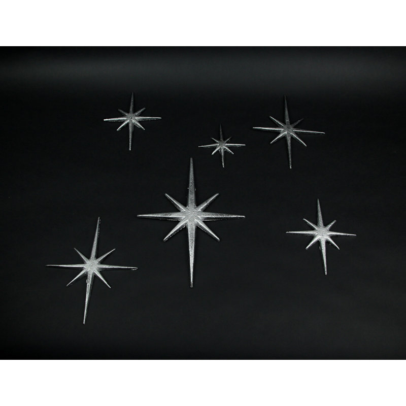 Mid-Century Modern black enamel cast iron 8-point starburst wall sculptures — set of 6, 4.25-8.75" L x 0.25" W x 4.75-12" H