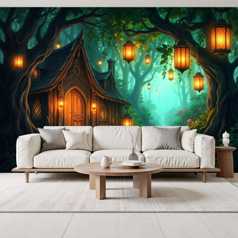 Papier peint auto-adhésif Enchanting Forest Cottage Lanterns Path 69 po x l 96 po pour le salon de la chambre à coucher