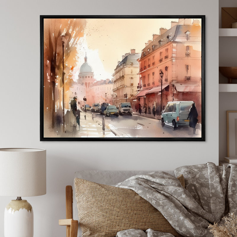 Aquarelle de Paris, France III - impression, H 24 po x l 32 po x P 1 po, Cadre flottant noir
