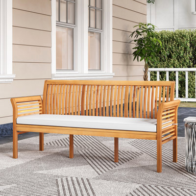 3 Person Outdoor Bench 62.5" Acacia Wood Patio Sofa With Curved Armrests And Removable Seat Cushion by Millwood Pines