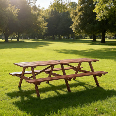 Très grand ensemble de table de pique-nique d'extérieur de 95 pouces avec bancs, table de patio en bois pour 12 personnes avec trou de parasol, mobilier de jardin brun rustique pour la cour arrière, 240 cm
