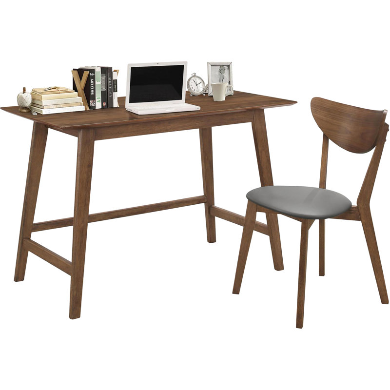 Bureau de style Mid-Century moderne en noyer avec siège rembourré gris 2 et chaise - Esthétique de bureau