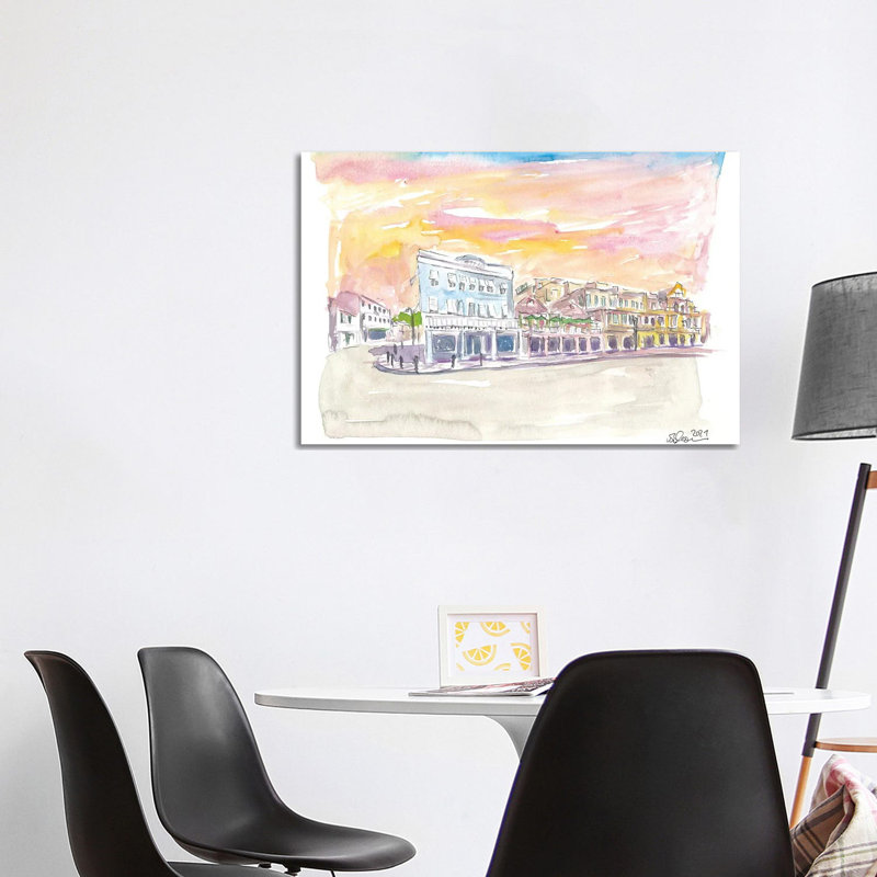 Queen St Front St Scene In Hamilton Bermuda At Sunset By Markus & Martina Bleichner - Wrapped Canvas Painting by Markus & Martina Bleichner - Wrapped Canvas Painting
