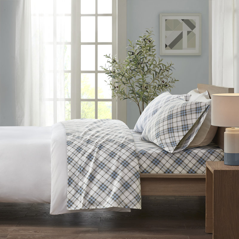Cozy Flannel 100% Cotton Sheet Set, Twin XL Sheet Set with 1 Pillowcases, Blue Plaid