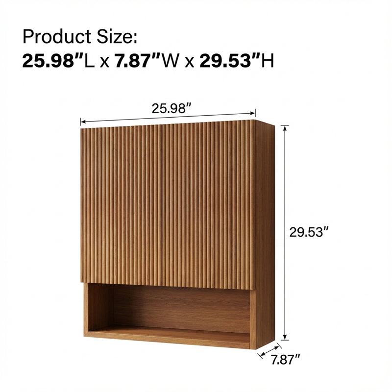 Wall-Mounted Striped Bathroom Storage Cabinet with Doors,Shelf,Open Compartment - Over-The-Toilet Organizer, Brown Oak