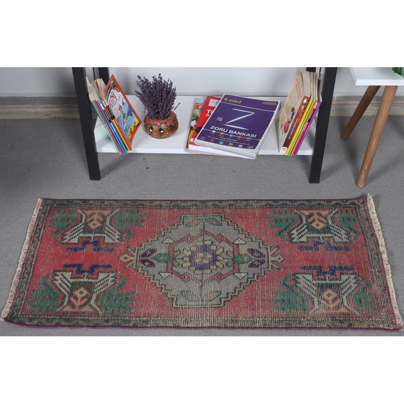 Vintage Handmade Turkish Red Wool Rug Featuring Unique Color Combos And Tribal Design Ideal For Small Entryways