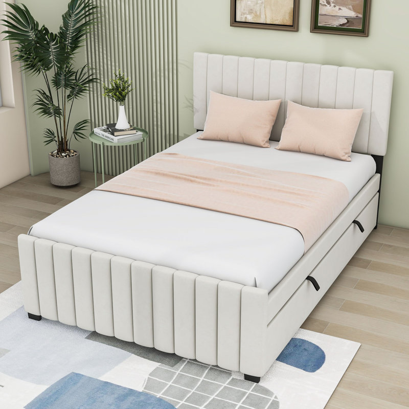 Full Upholstered Platform Bed with  Trundle, Beige