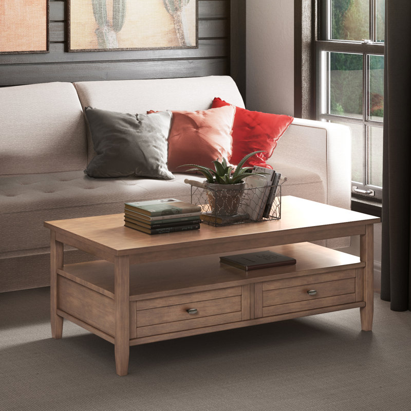 Table basse transitionnelle en bois massif Warm Shaker de 48 po de largeur avec tiroirs de rangement et tablette ouverte
