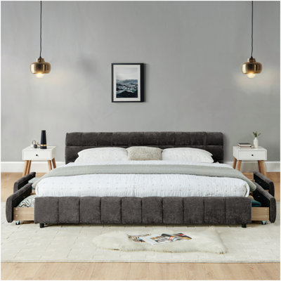 King Size Upholstered Bed ,Comfortable Upholstered Bed Frame, Chenille Fabric, With Headboard And  Bed Frame. With Drawer For Storage-Green