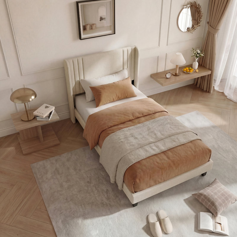 Upholstered Linen Bed, European Single (90 x 200 cm), Beige