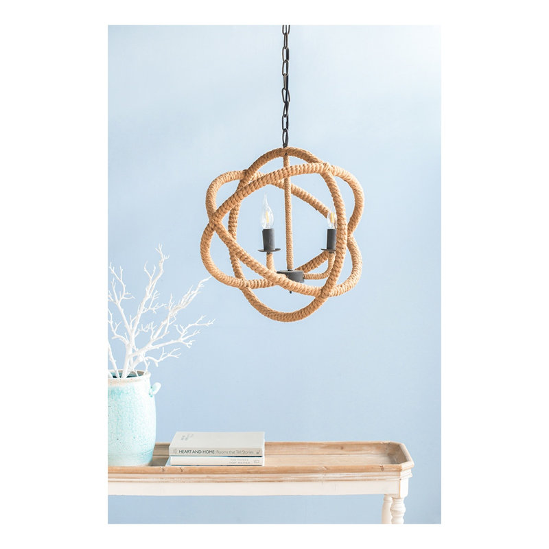 Lustre campagnard à 3 lumières avec revêtement en chanvre, globe et luminaire suspendu