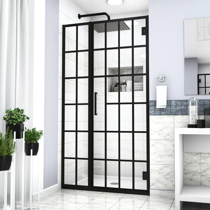 Porte de douche pivotante noire matte avec verre de l 40 po x H 72 po, verre de qualité 40 po x 72 po pour salle de bain charmante, transformation