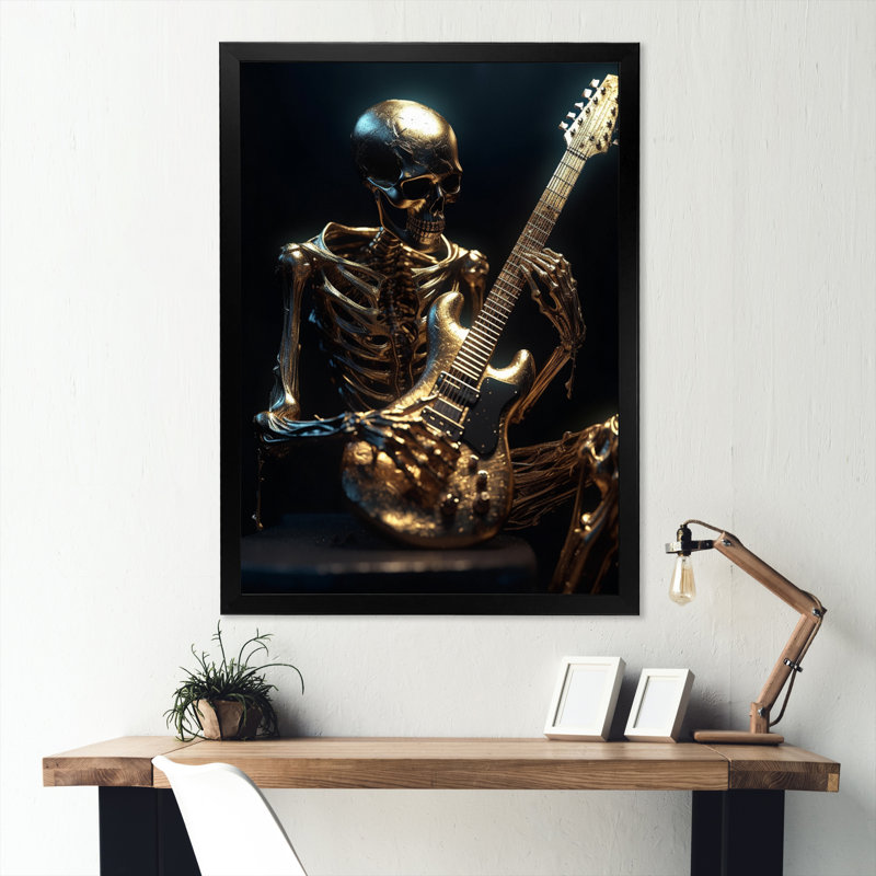 Squelette doré se balançant sur toile, Cadre d'angle fermé noir, H 32 po x l 24 po x P 1 po