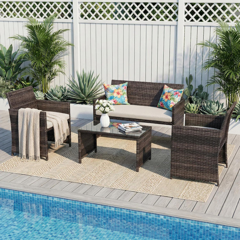 4-Piece PE Rattan Patio Furniture Set – Outdoor Conversation Set with Cushions & Tempered Glass Table, All-Weather Wicker for Patio, Porch, Backyard