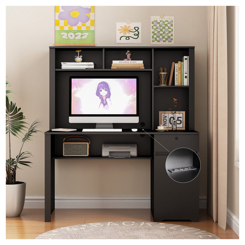Bureau d'ordinateur avec huche et bibliothèque, bureau de direction noir avec prises de courant, Black 