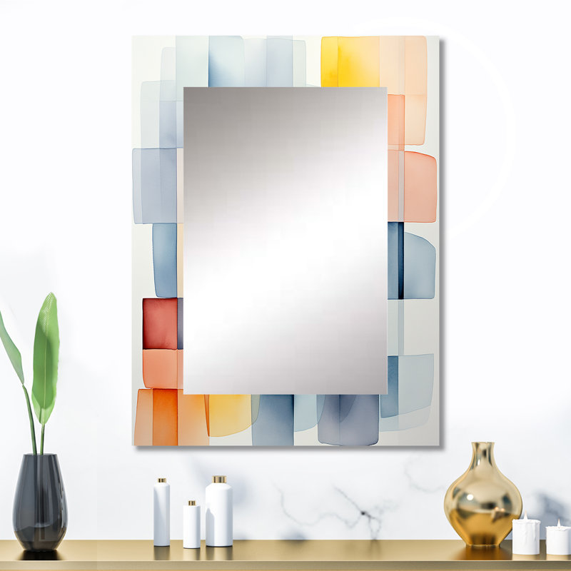 Multicolore cubes motifs V - miroir mural géométrique, miroir décoratif bleu, impression d'art en métal, 32 po x 24 po