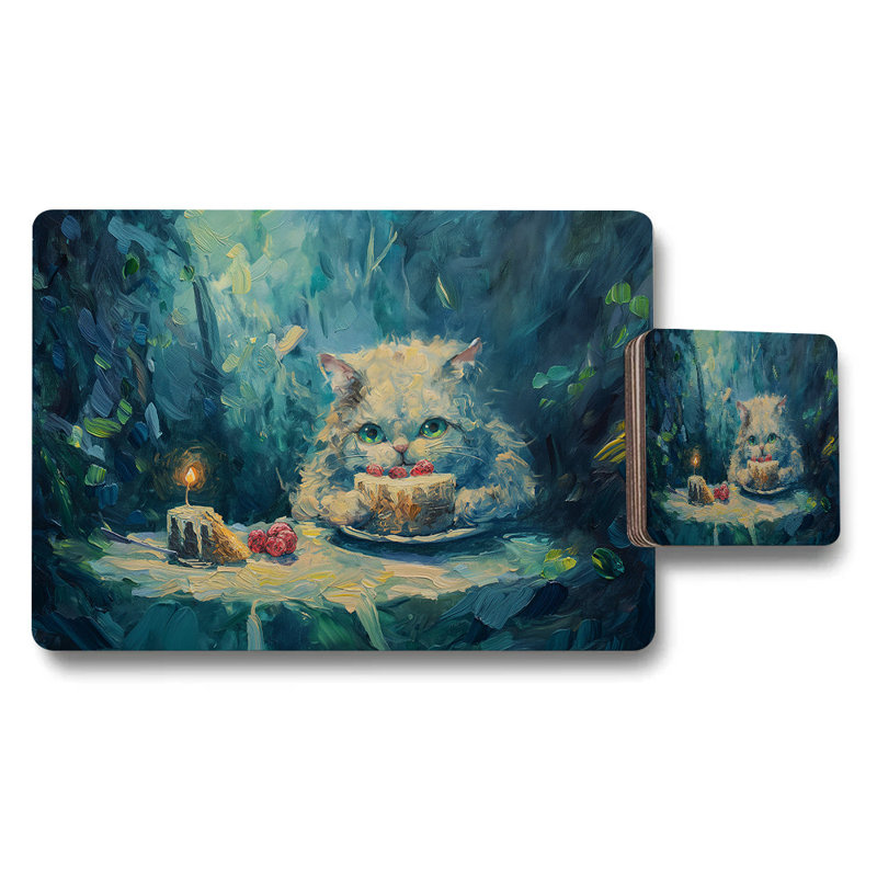 Cat With Cake Placemat And Coaster Set Blue Forest Artwork