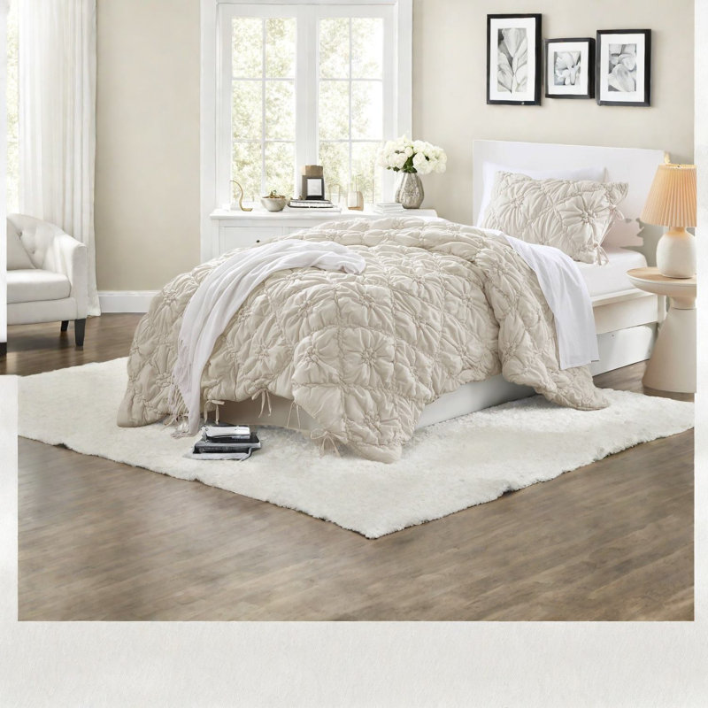 Cozy Ivory Bedding Sets, Microfiber Twin Set With Shabby Chic Style For All-season Use