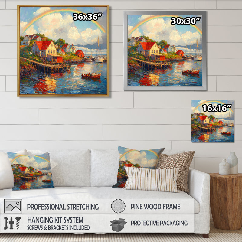 Allmar Coastal Rainbow Over The Fishing Village II - art mural arc-en-ciel, H 30 po x l 30 po, Impression encadrée flottante