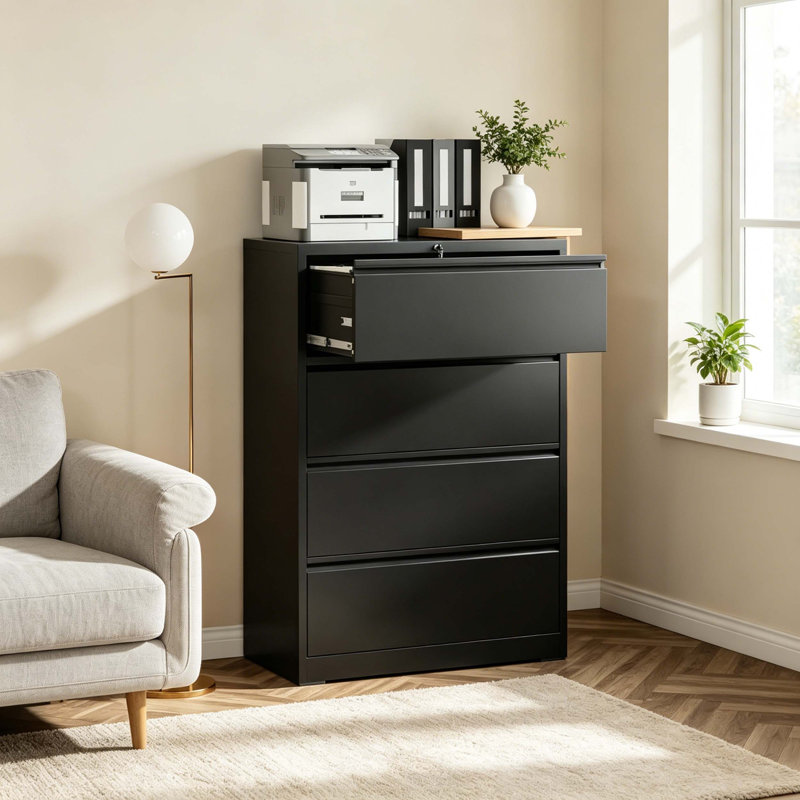 Heavy-Duty Lateral Metal File Cabinet with Lock, 4-Drawer Anti-Tip Interlock Office Storage Cabinet with Full Extension Slides for Home & Commercial Workplace