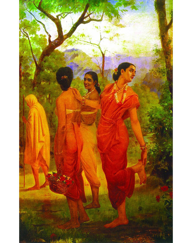 Shakuntala regardant en arrière pour entrevoir Dushyanta, H 24 po x l 15 po