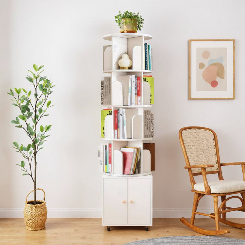 Rotating Bookshelf, 360 Degree Display 5 Tier Corner Bookshelf With Drawer For Small Space, Floor Standing Heise Storage Rack, Wood Narrow Book Shelf Organizer