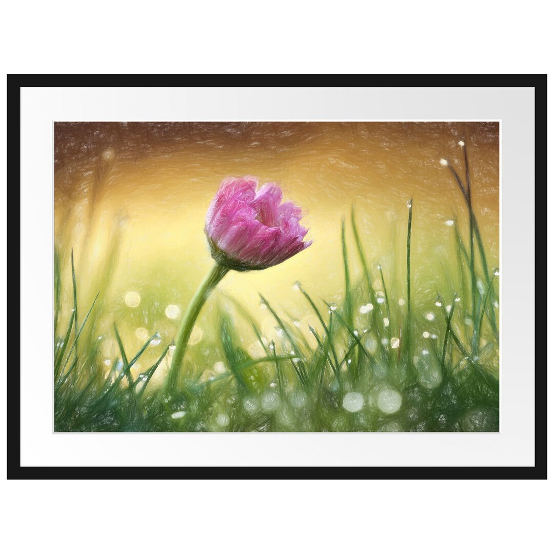 Gerahmtes Poster Rosa Gänseblümchen im Gras