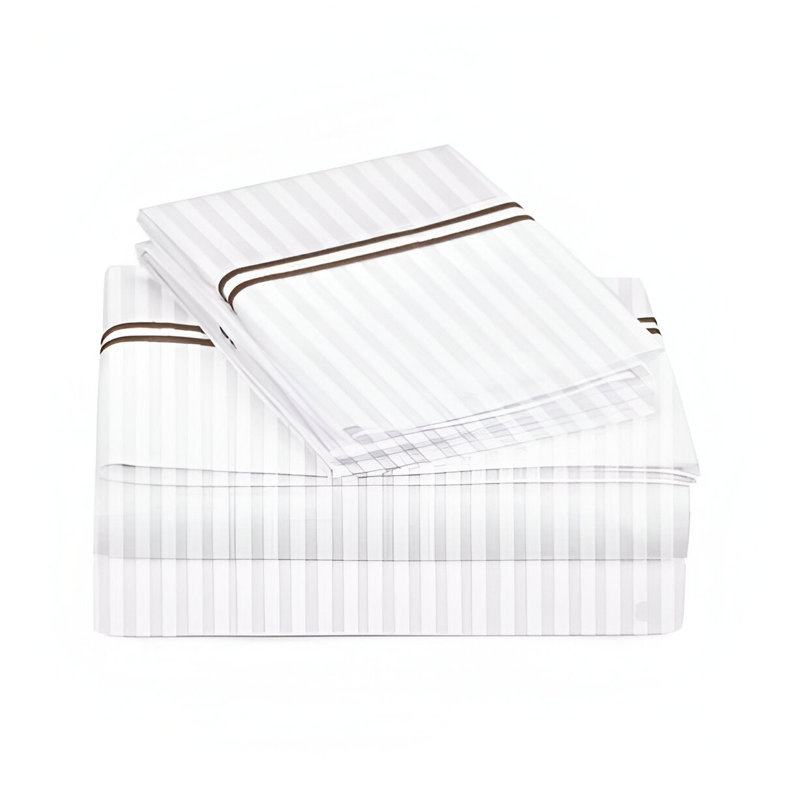 400TC Double Embroidery Sateen Stripe Cotton 4 Piece Sheet Set Fitted Sheet Fits Upto 16" Deep Pocket, Chocolate/White