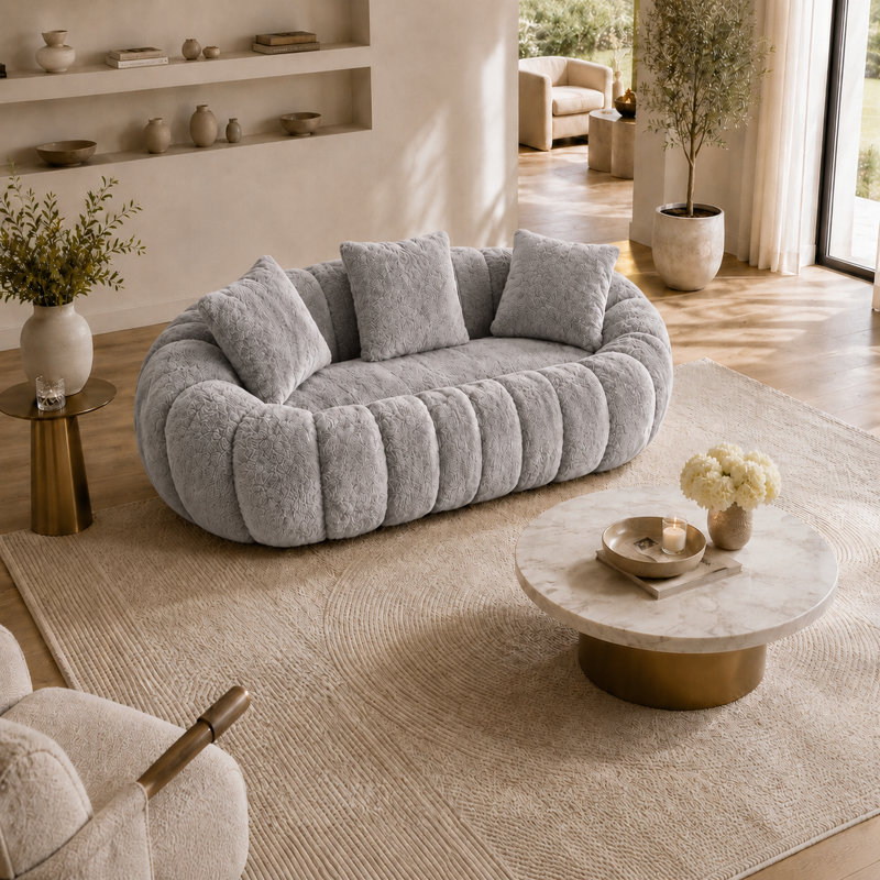 Canapé-causeuse moderne de luxe moderne, fauteuil à billes, tissu en velours de peluche, velours bouclé, sièges élégants, accoudoirs ronds, sièges contemporains confortables (gris, 76 pouces)