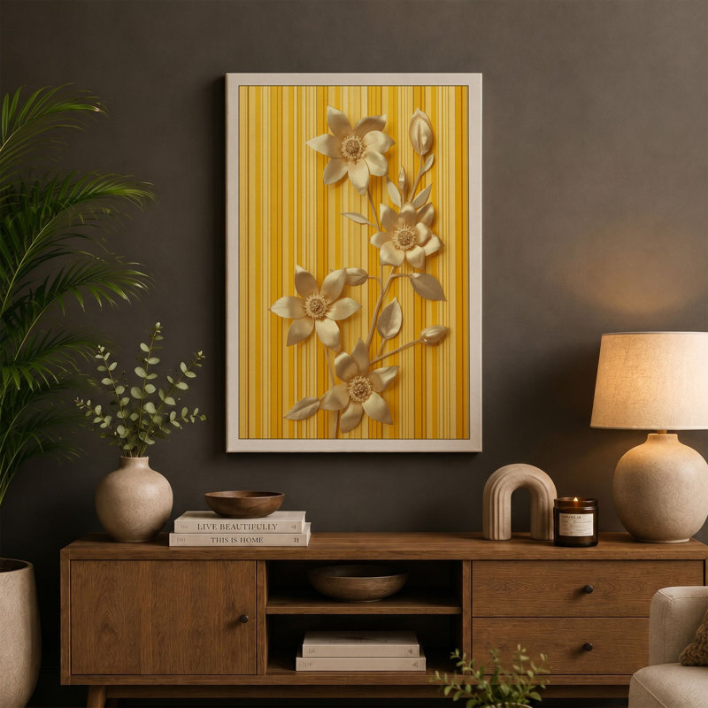 Daffodils Against Stripes Botanical - Wrapped Canvas, 36x24 - 91.4 x 61.0 cm, White Border