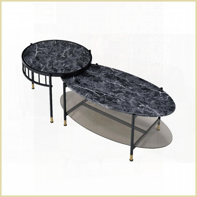Table basse gigogne 2 pièces noire avec dessus en grain de marbre et amp; Tablette inférieure fonctionnelle