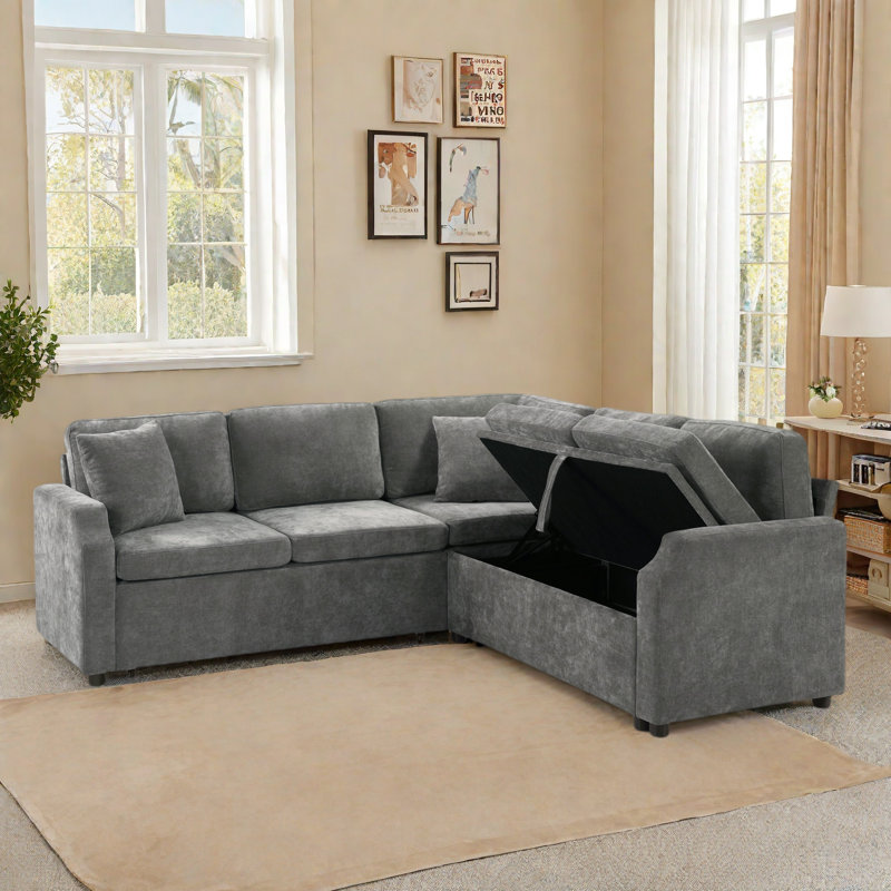L-shaped Sectional Sofa With Hidden Storage Compartment, Gray Chenille