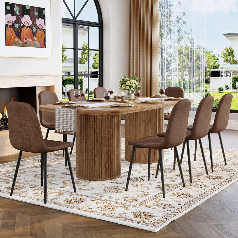 Modern Dining Table Set For 6/8/10 – 79" Dark Wood Dining Table With Dual Pedestal Base & Hidden Storage, Suede Upholstered Chairs, Large Kitchen & Dining Room Set