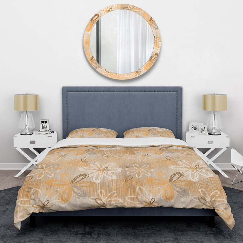 Fleurs dorées rayées - ensemble de housse de couette abstrait - polyester microfibre