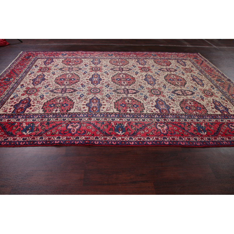 Tapis oriental ivoire antique corail rose en laine Heriz 11 pi 2 po x 7 pi 6 po