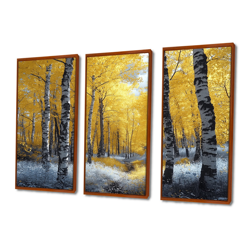 «Yellow Birch Woods in Forest Photo III», ensemble de reproduction d'art mural forêt, Toile avec cadre flottant brun