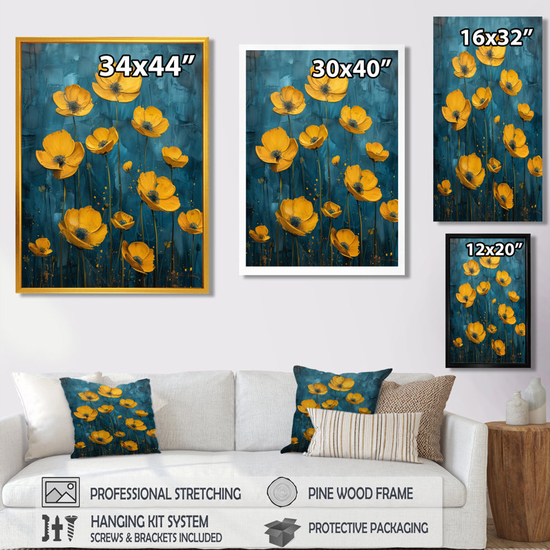 Reproduction d'art mural jaune et vert sur fond clair de lune - Buttercups, Toile avec cadre flottant brun