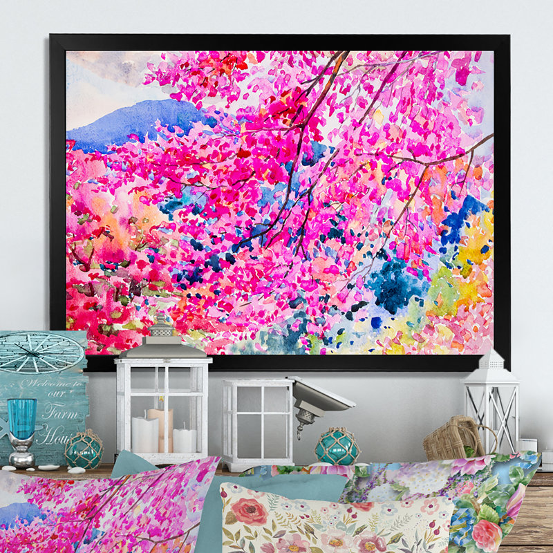 «Pink Cherry Blossom Tree V», reproduction sur toile flottante, Cadre noir, H 8 po x l 12 po x P 1 po