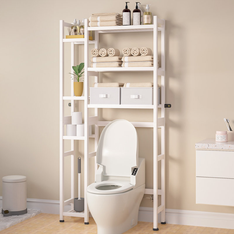 Over The Toilet Storage With Basket And Drawer, Bamboo Bathroom Organizer With Adjustable Shelf & Waterproof Feet Pad, White