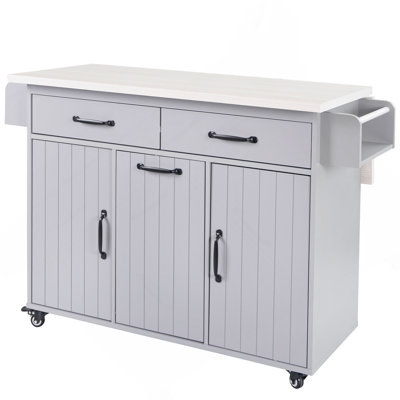 Kitchen Island With Trash Can Storage Cabinet, Kitchen Cart With Drop Leaf, Spice Rack, Towel Rack And Drawer, Rolling Kitchen Island On Wheels With Adjustable Shelf