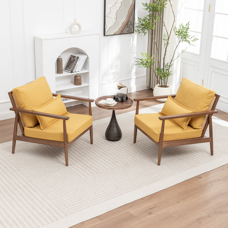 Ensemble de 2 fauteuils rembourrés en bois massif Rayn, Jaune