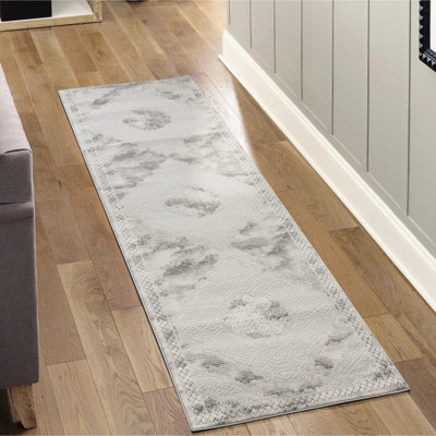 2 pi 7 po Tapis X 9 10 + tapis de couloir gris avec motif en médaillon, fabriqué à la machine, classique, transitionnel, moderne, transitionnel, Mid-Century, moderne, doux, teinté et pour animaux de compagnie, idéal pour les endroits très passants
