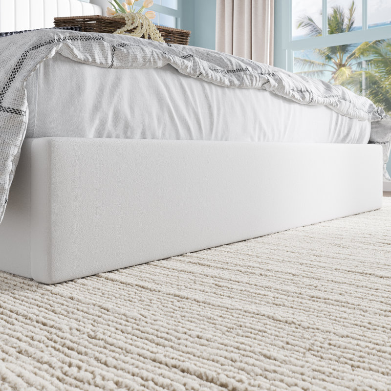 Hydraulic Lift Up Storage Upholstered Platform Bed With Shelf And Charging Station, White, Queen